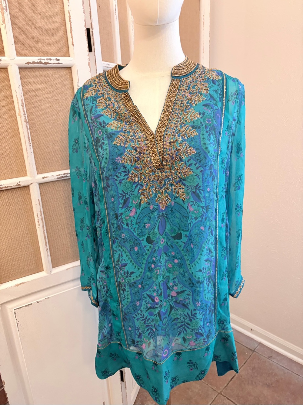 Soft Surroundings Beaded Embroidered Tunic Blouse M Teal Floral Boho Kaftan NWT